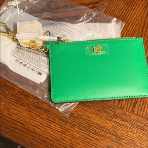 Ralph Lauren Emerald Green Leather Card Case with Gold RL Emblem
